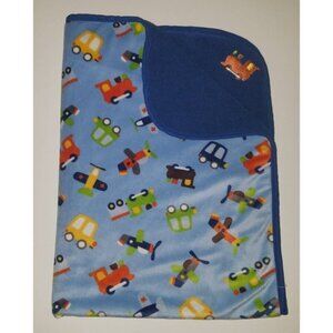 Tiddliwinks Blue Fleece Baby Blanket Lovey Trains Airplanes Cars Vehicles 30x40